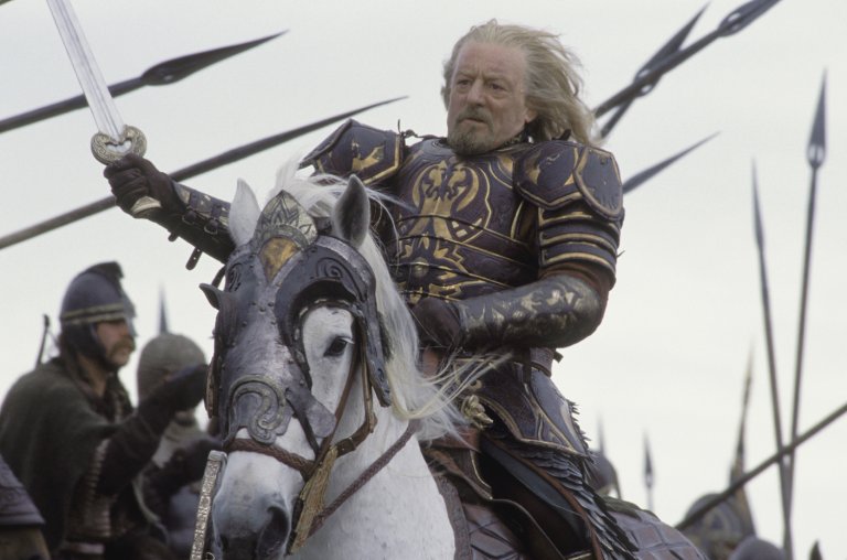 Theoden (Bernard Hill) rallies his Rohan soldiers